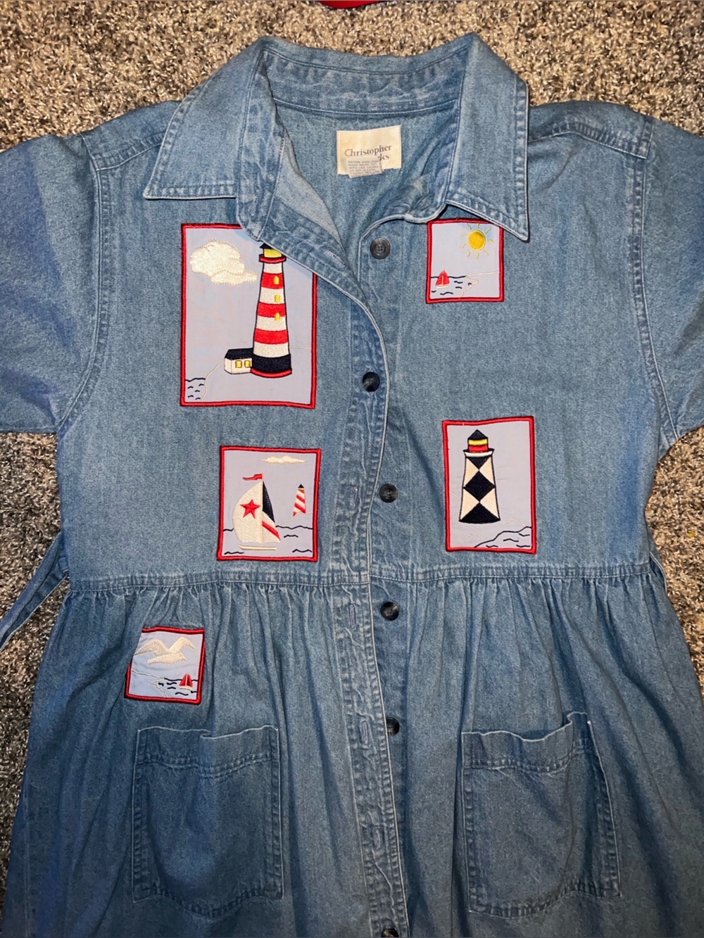 Christopher & Banks Denim Maxi Dress with Nautical Patches in Blue, Red, White